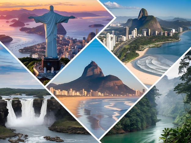 A collage of several different travel destinations in Brazil, including beaches, mountains, historical cities, and landmarks. The collage is designed to showcase the diversity of travel options available in Brazil during national holidays.