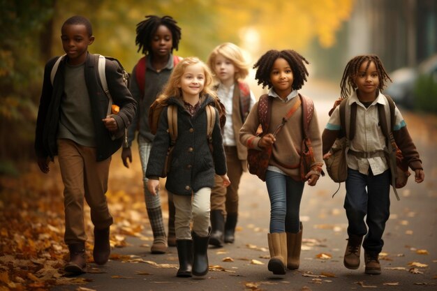 A diverse group of children happily walking to school, symbolizing the Bolsa Familia's impact on ensuring access to education.