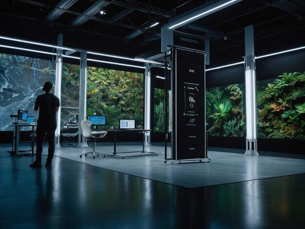 A futuristic control room displaying real-time environmental data and analysis on large screens, demonstrating advanced monitoring technology.