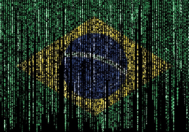 A digital rendering of a computer network with nodes represented by stylized Brazilian flags, being monitored by artificial intelligence. The AI monitors for anomalies and identifies potential cyber threats, displaying warnings similar to an antivirus interface.