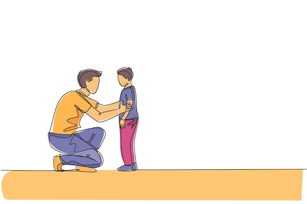 A parent kneeling down to talk to their child at their eye level, while helping them with homework. Both are at a table with books and papers spread out. The parent has a supportive and encouraging expression.