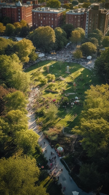 An aerial view of a large university campus with students walking between buildings, some carrying books, others chatting in groups on the green lawns.