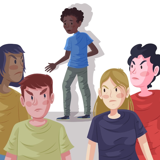 A cartoon illustration of a student being surrounded and intimidated by a group of bullies in a school hallway. The bullied student looks scared and isolated, while the bullies are depicted with expressions of dominance and aggression.