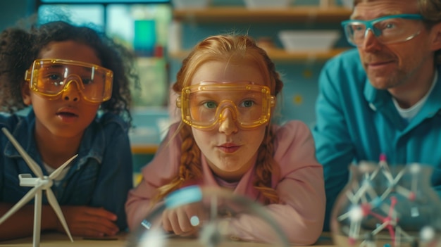 A close-up of a group of teenagers working on a science project in a well-equipped school lab. They are engaged and collaborative, with safety goggles and lab coats. The focus is on teamwork and hands-on learning.