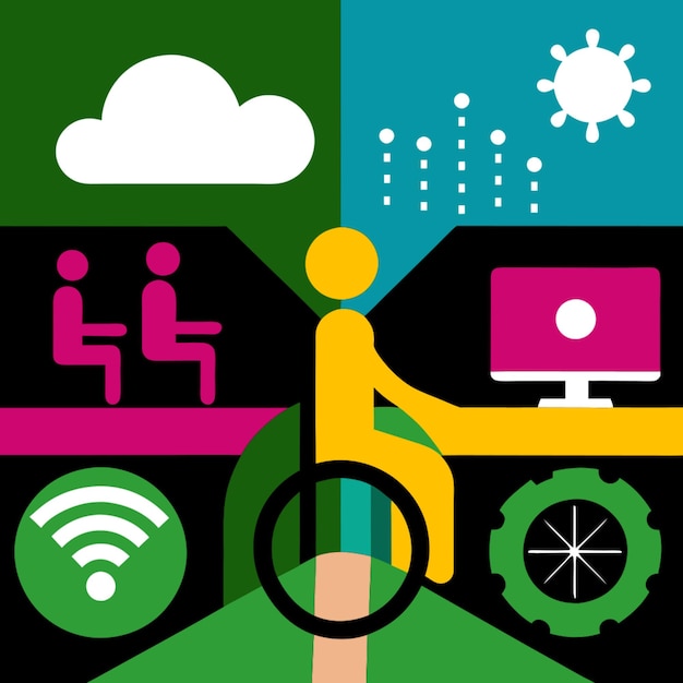A graphic illustrating the concept of accessibility with different icons representing diverse individuals, assistive technologies, and inclusive design elements. The image conveys the importance of making online education accessible to all.