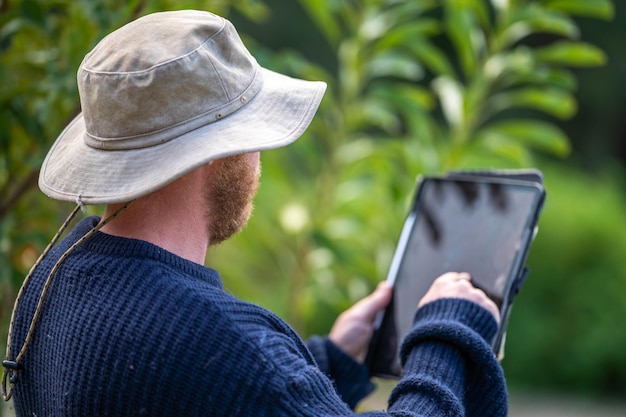 Farmers look at the plantation and use a tablet to monitor the growth of plants, analyze the yield, water, and fertilizer consumption.