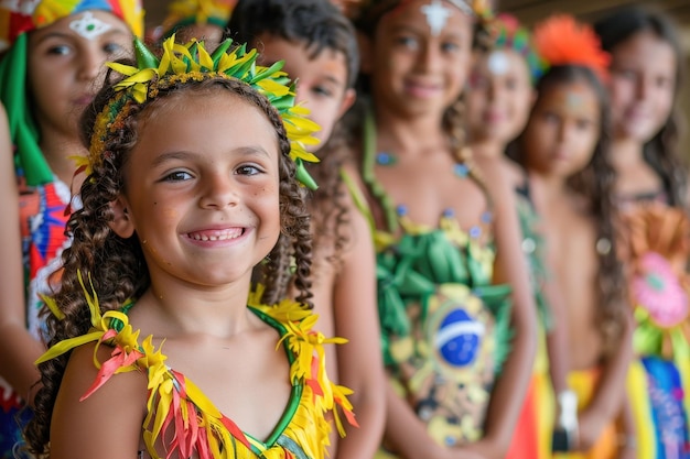 A diverse group of children dressed in traditional costumes from different Brazilian regions (e.g., Bahia, Rio Grande do Sul, Amazonas), smiling and holding hands, representing the cultural richness and diversity of Brazilian folklore.