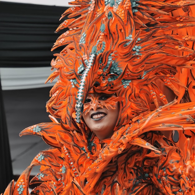 Close-up of a richly costumed samba dancer during the Rio de Janeiro Carnival, showing the intricate details of the costume and the dancer's passionate expression.