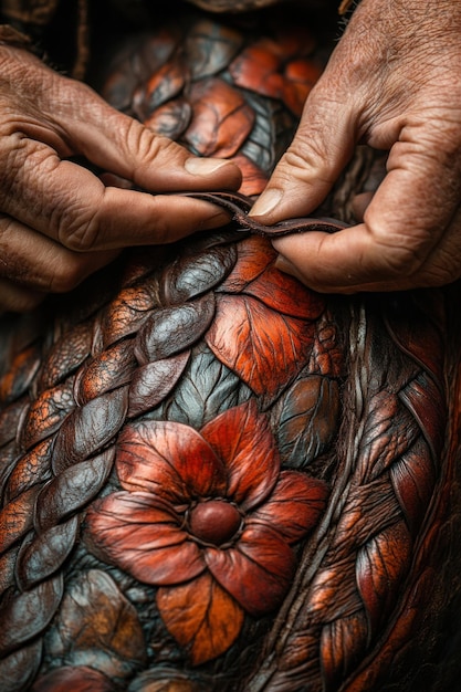 A close-up shot of a skilled artisan's hands meticulously crafting a piece of intricate lace, highlighting the delicate details and the focused concentration of the craftsperson.