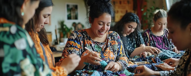 A diverse group of Brazilian artisans working collaboratively on a sustainable fashion project in a community workshop, showcasing their skills and the positive social impact of their work.
