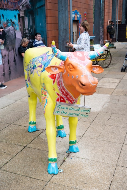 A wide shot of a Bumba Meu Boi performance, with the decorated bull costume as the centerpiece. The performers are surrounding the bull, dancing and playing instruments, with a colorful backdrop of banners and decorations. The atmosphere is festive and lively.