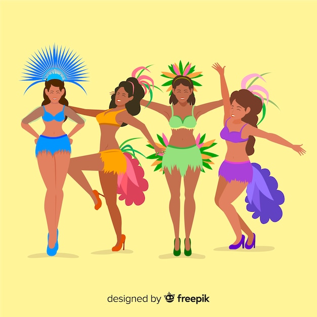A group of women dancing Samba de Roda in a circle, wearing traditional Bahia attire with colorful skirts and beaded necklaces. The image shows the joy and community spirit inherent in this cultural expression.