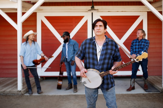A split image showing traditional sertanejo musicians on one side and modern sertanejo artists using digital instruments on the other, highlighting the blend of tradition and modernity in Brazilian music.