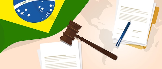 A gavel resting on top of a stack of tax documents, with the Brazilian flag blurred in the background, representing the legal and governmental aspects of the proposed federal tax overhaul.