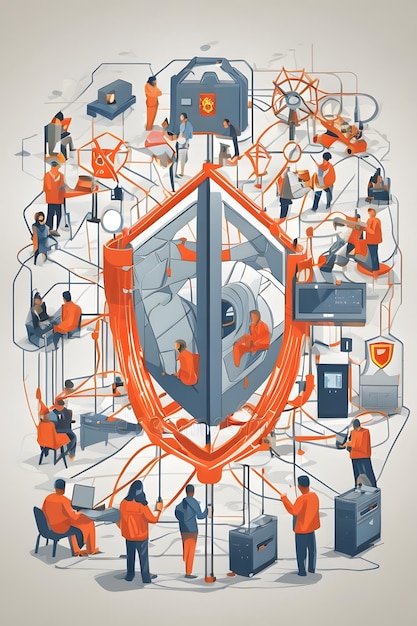 A conceptual image depicting a cybersecurity team working collaboratively to protect critical infrastructure, using a digital dashboard with real-time threat monitoring. The image conveys teamwork, vigilance, and advanced technology.