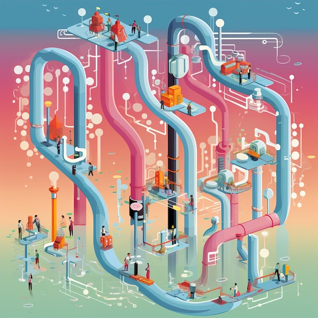 A digital illustration depicting various interconnected symbols representing critical infrastructure sectors (energy grid, water pipes, communication towers, hospitals). A dark cloud hovers over the network, with lightning bolts representing cyberattacks targeting specific nodes. The image conveys the vulnerability of interconnected critical systems.