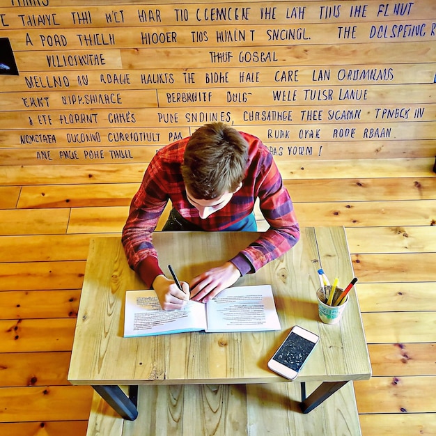 A person studying documents with the words 