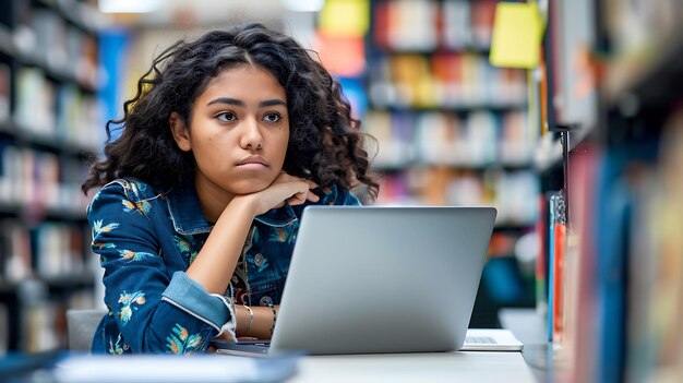 A student looking thoughtfully at a list of US colleges and universities on a laptop screen, surrounded by books and notes. The image creates a sense of planning and decision-making related to higher education.