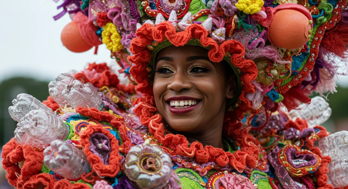Intricate eco-friendly carnival costumes made from recycled materials