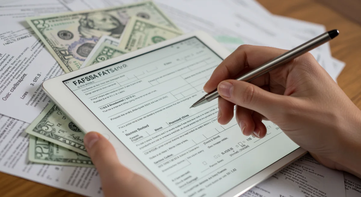 Hand filling out the online FAFSA application form