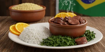 Traditional Brazilian feijoada with rice, farofa, and orange slices