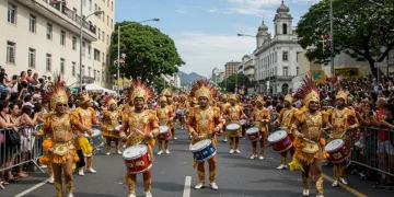 Vibrant Brazilian Carnival street parade with costumed dancers and drummers