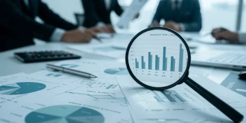 Pessoa analisando relatórios financeiros com gráficos e lupas, simbolizando a decodificação de dados econômicos.