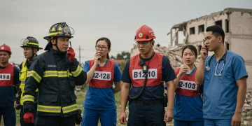 Equipe de resposta a desastres simulando resgate e coordenação, com bombeiros, médicos e voluntários trabalhando em conjunto em um cenário de treinamento.