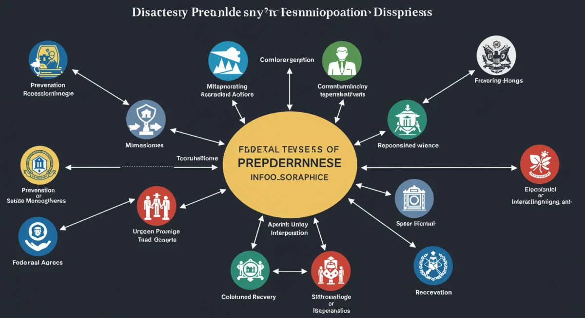 Infográfico detalhado ilustrando a colaboração interinstitucional de agências federais na gestão de desastres, com ícones de prevenção, mitigação, resposta e recuperação.