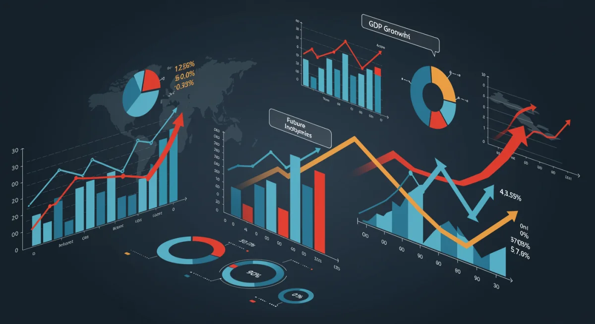 Infográfico com indicadores econômicos e setas apontando tendências futuras para 2025.