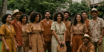 Pessoas diversas vestindo moda sustentável brasileira em ambiente urbano verde, refletindo tendências de 2025.