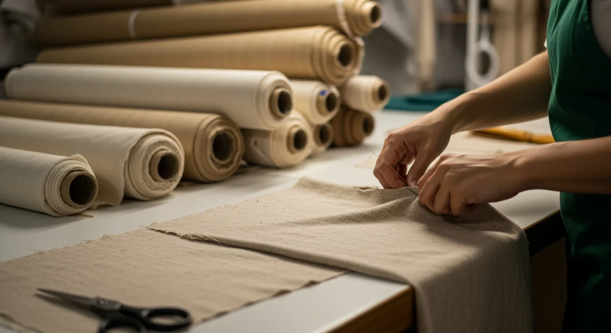 Artesão brasileiro trabalhando em tecido orgânico, simbolizando a produção ética e sustentável na moda.