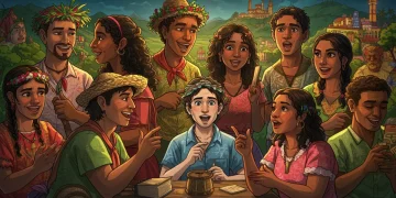 Pessoas de diversas regiões do Brasil compartilhando histórias, com elementos de folclore e paisagens urbanas ao fundo, simbolizando a riqueza cultural.