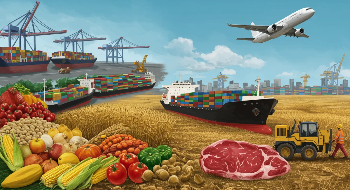 Diversidade de produtos agrícolas e industriais brasileiros sendo exportados por navios e aviões.