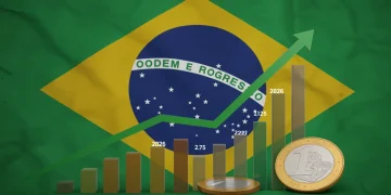 Gráfico de superávit da balança comercial brasileira com tendências ascendentes e elementos da bandeira do Brasil.
