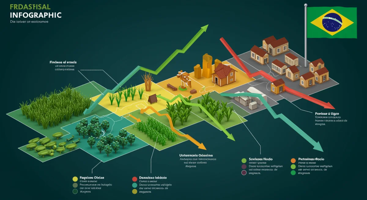 Infográfico detalhando setores econômicos brasileiros e os impactos de políticas governamentais.