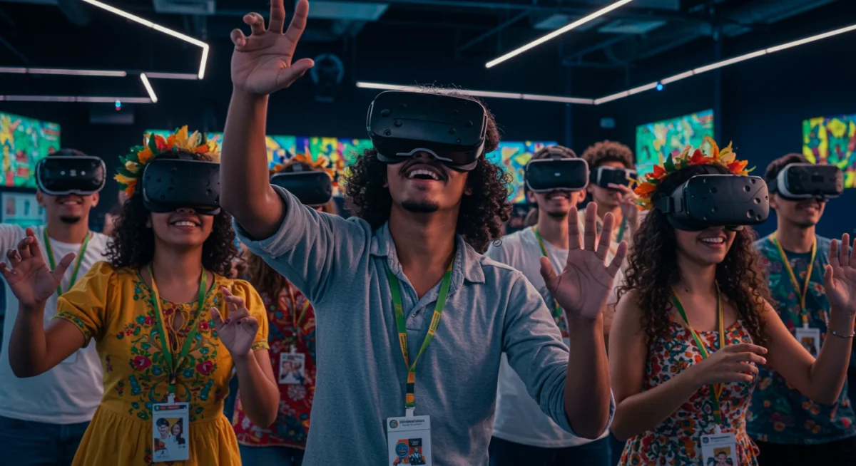 Jovens brasileiros imersos em evento cultural de realidade virtual