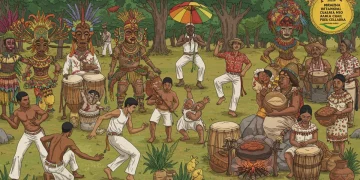 Diversidade do patrimônio imaterial brasileiro em celebração, com capoeira, Bumba-Meu-Boi, frevo, artesanato e culinária, simbolizando a riqueza cultural.