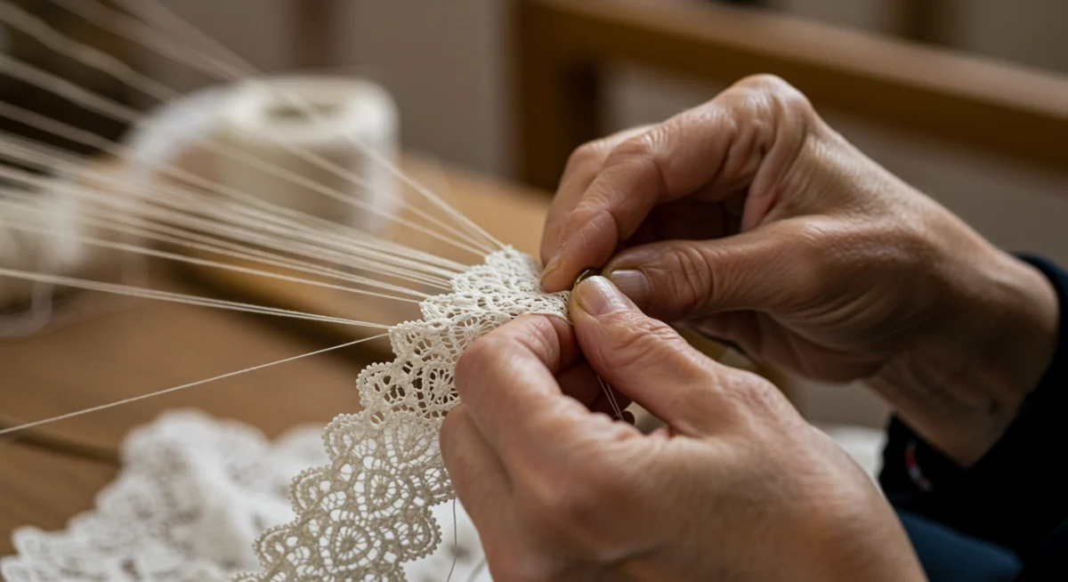 Mãos experientes tecendo uma intrincada renda de bilro, símbolo de um ofício tradicional brasileiro.