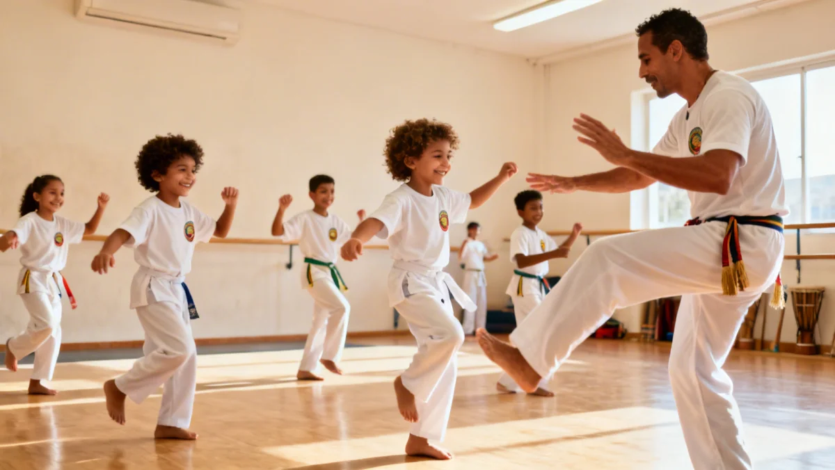 Crianças em aula de capoeira, aprendendo movimentos básicos com um instrutor.
