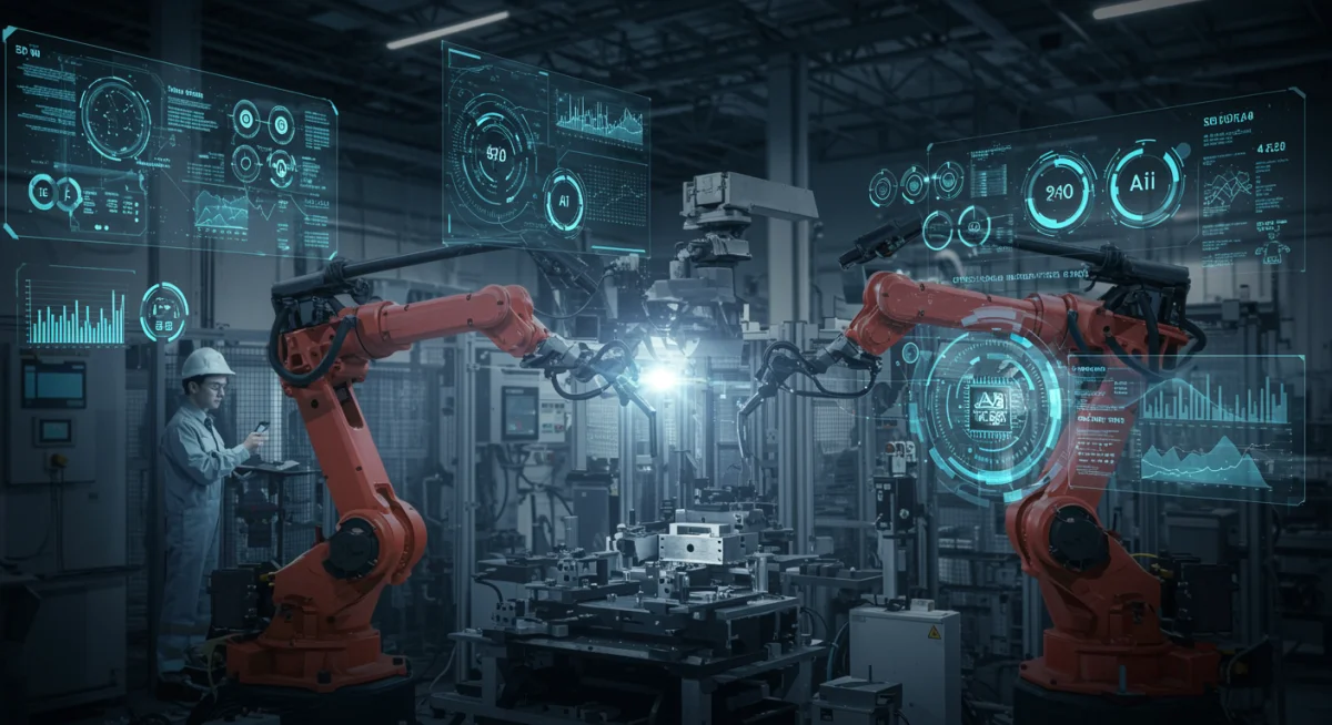 Automação industrial com inteligência artificial e robôs colaborativos aumentando a produtividade.