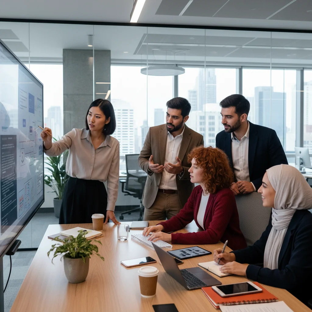 Jovens profissionais colaborando em projeto, utilizando ferramentas digitais e demonstrando habilidades essenciais para o mercado de trabalho.
