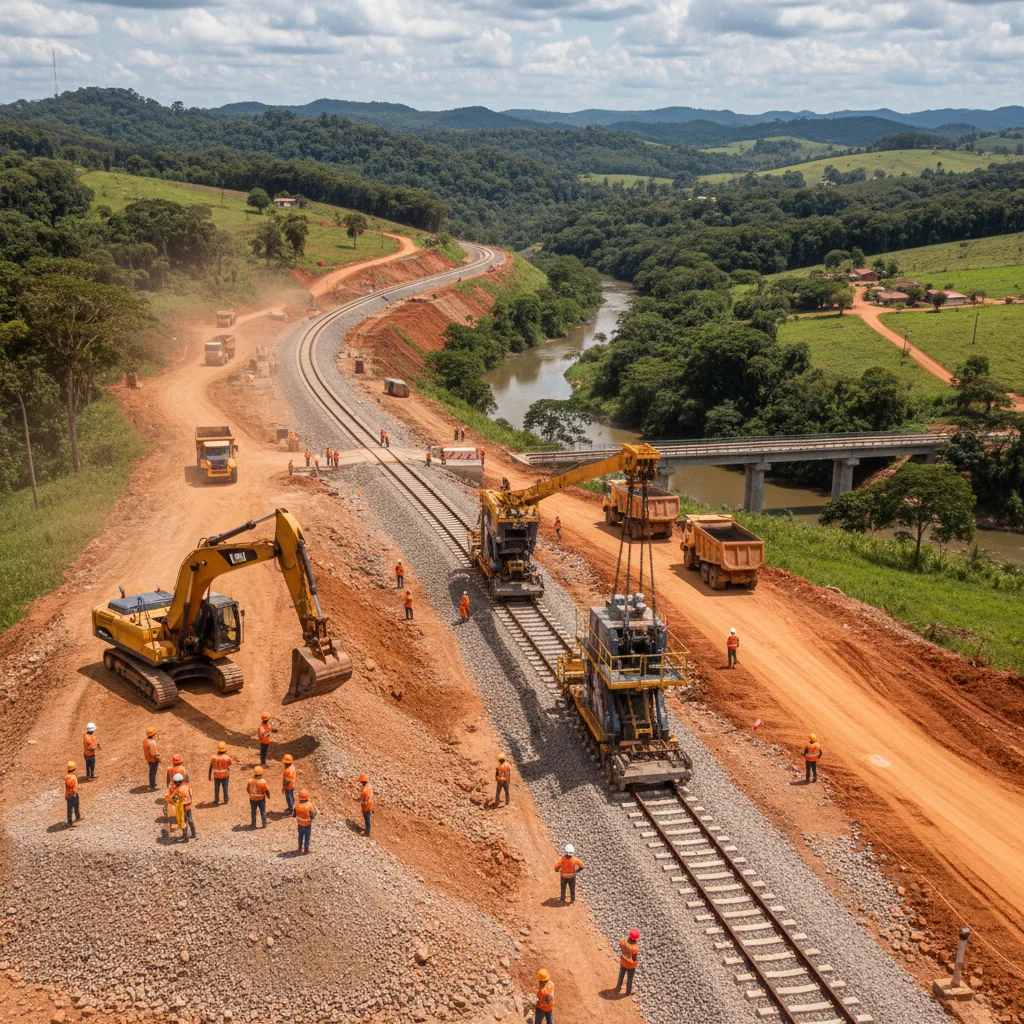 Equipe de trabalhadores e maquinário pesado construindo uma nova linha férrea em área rural brasileira.