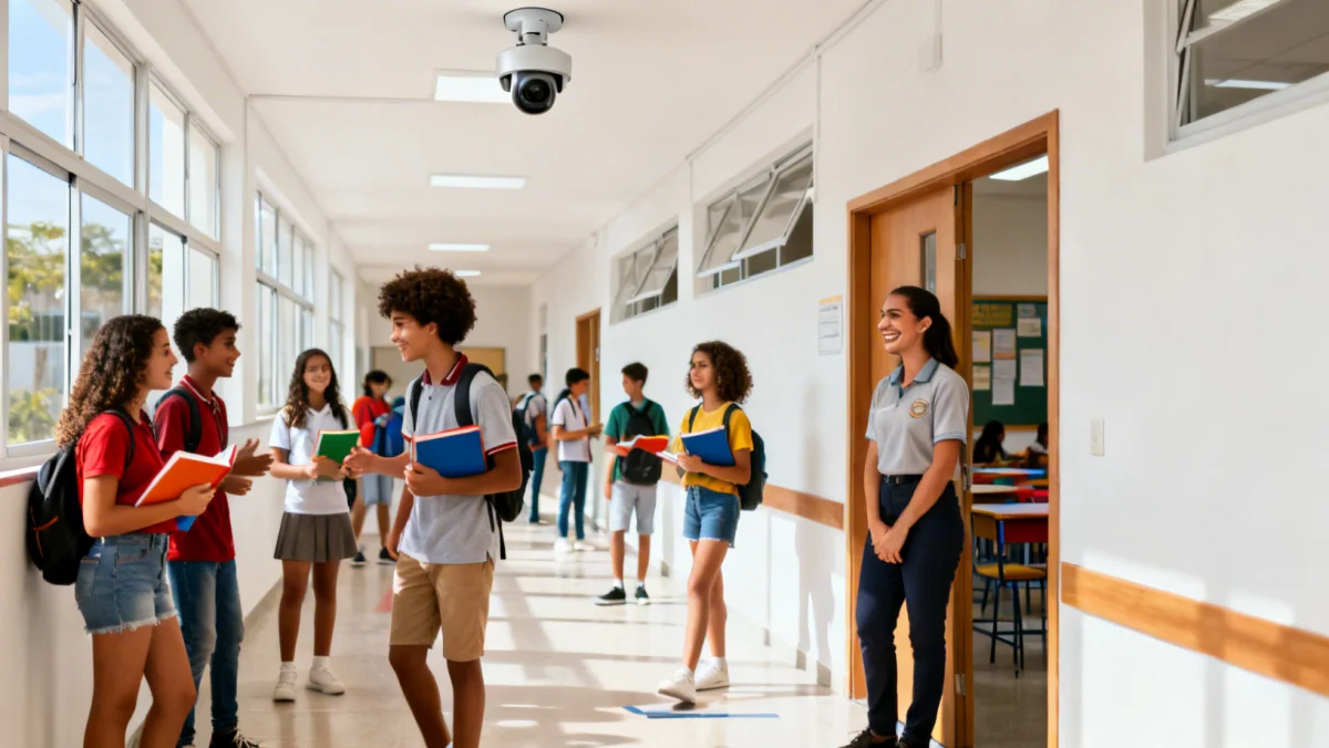 Corredor escolar moderno e seguro no Brasil, com alunos interagindo positivamente e câmeras de segurança visíveis.