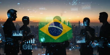 Impacto da inteligência artificial na produtividade nacional brasileira, com projeções futuristas e elementos tecnológicos.