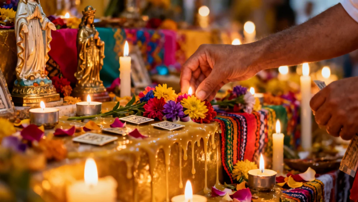 Detalhe de velas e ofertas em um altar durante uma festa religiosa no Brasil, simbolizando a devoção dos fiéis.