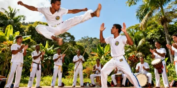 Rodada de capoeira ao ar livre, com capoeiristas em movimento e instrumentos musicais tradicionais.
