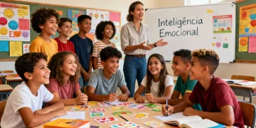 Alunos brasileiros de diversas idades e origens participando ativamente de uma aula de educação socioemocional, demonstrando engajamento e colaboração em um ambiente de aprendizado positivo.