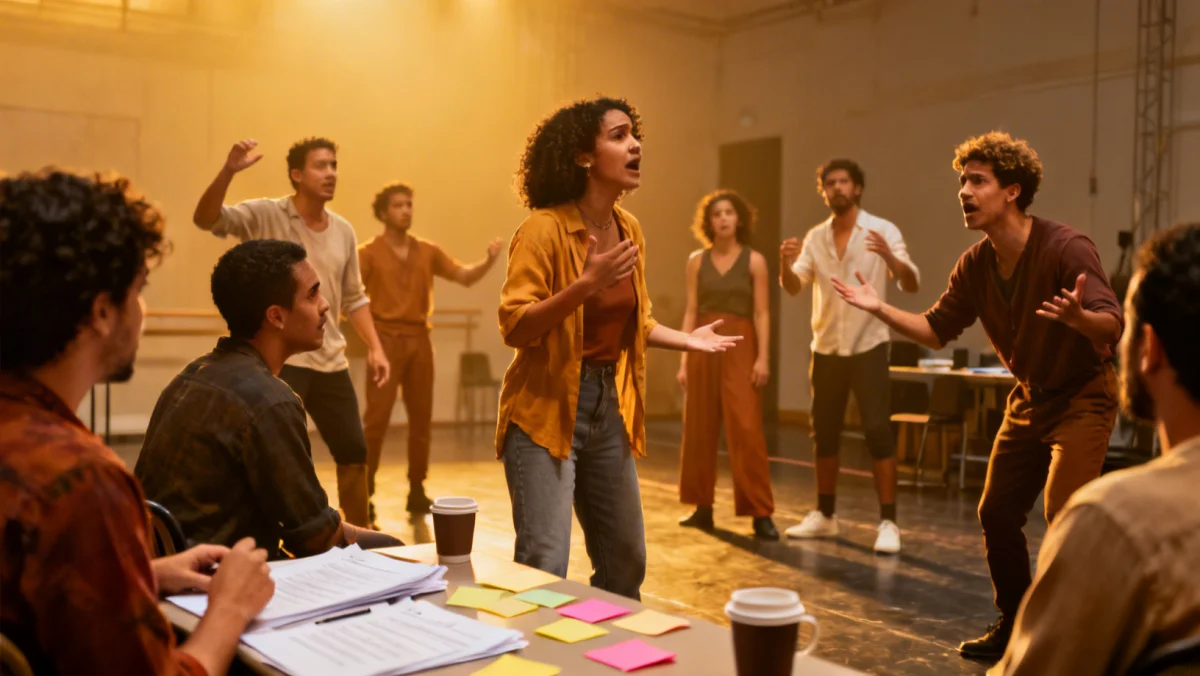 Grupo de atores brasileiros ensaiando uma cena de peça contemporânea, com figurinos expressivos, em um ambiente de criação e colaboração.