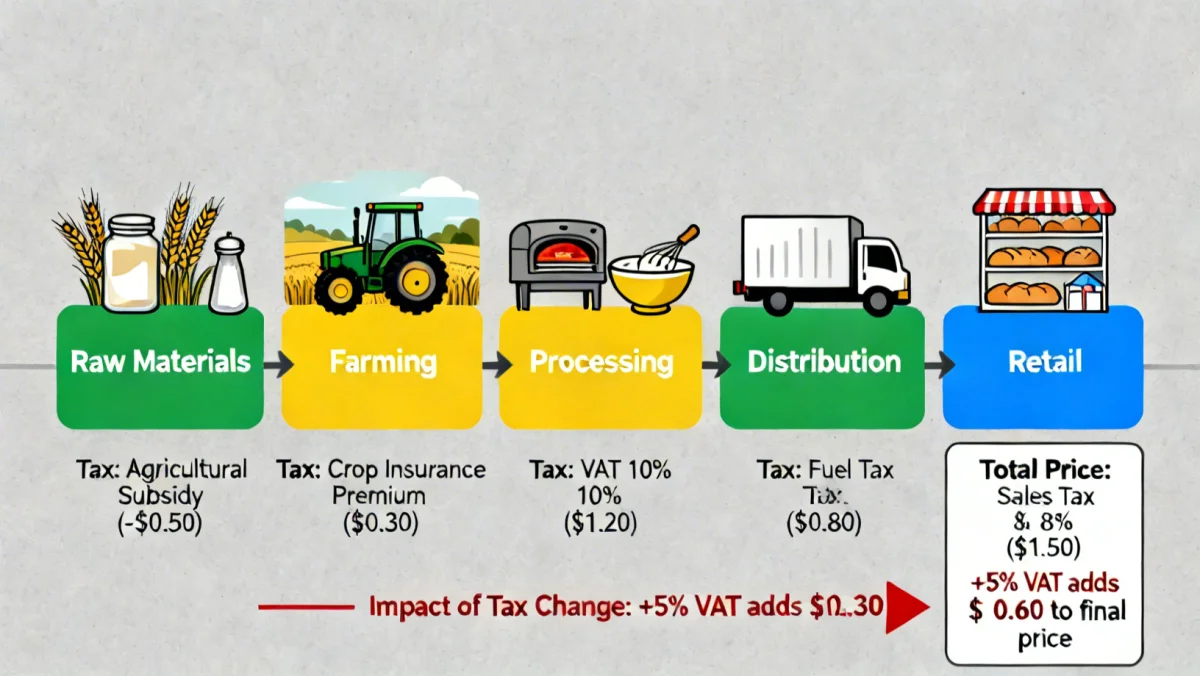 Gráfico da cadeia de produção de um produto, mostrando a incidência de impostos e como afetam o preço final.